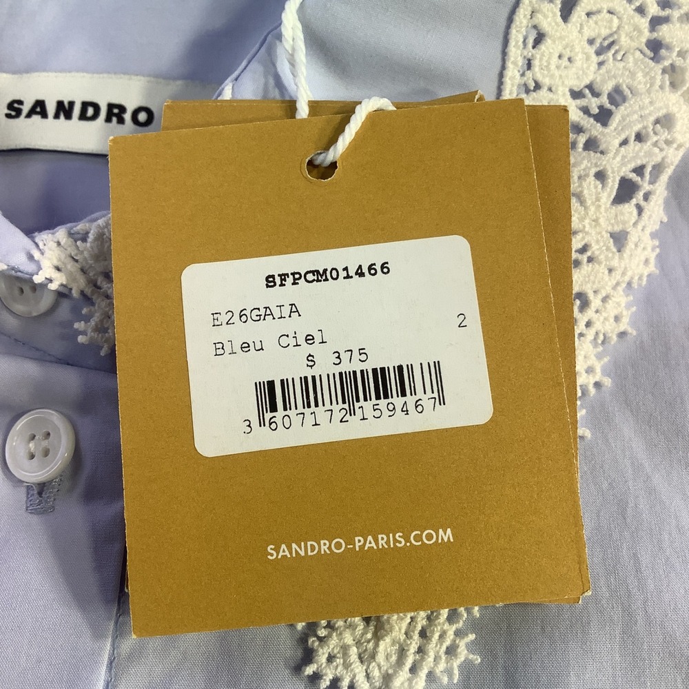 Sandro Gaia Light Blue Lace Trim Cropped Cotton Button Down Shirt Size 40 2 NWT - Picture 5 of 14